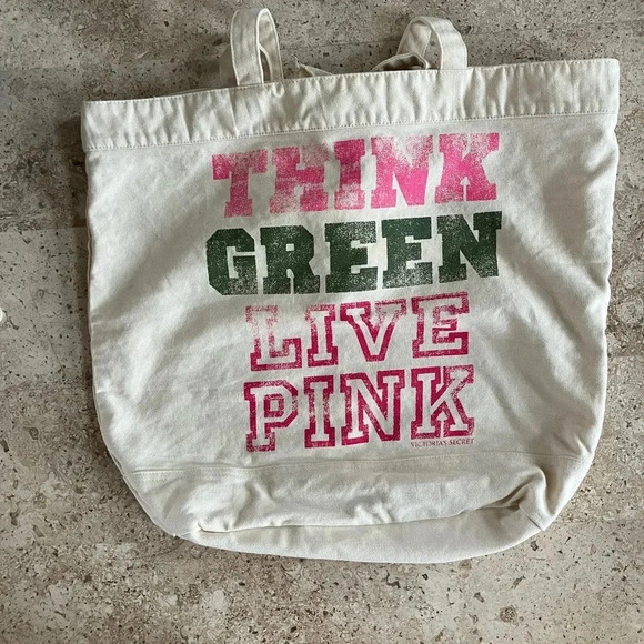 PINK Victoria's Secret Handbags - VINTAGE VICTORIA SECRET PINK CANVAS “THINK GREEN LIVE PINK” LOGO TOTE BAG